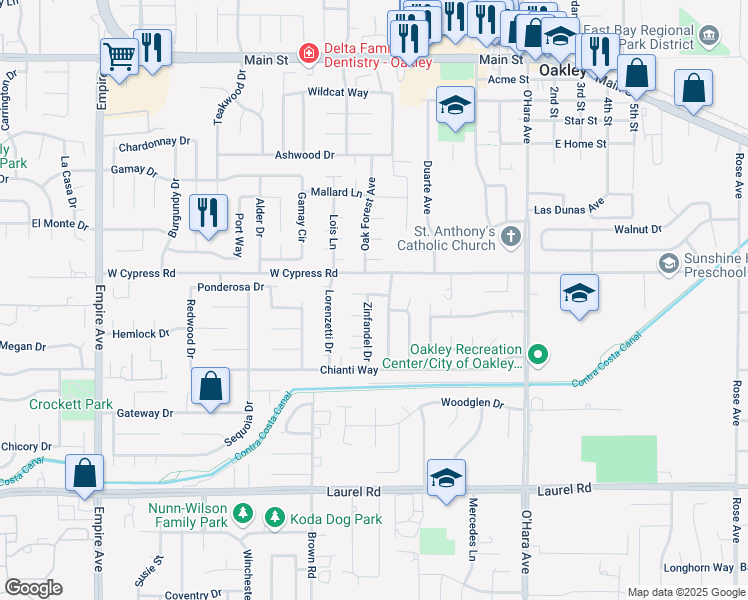 map of restaurants, bars, coffee shops, grocery stores, and more near 909 Rhine Way in Oakley