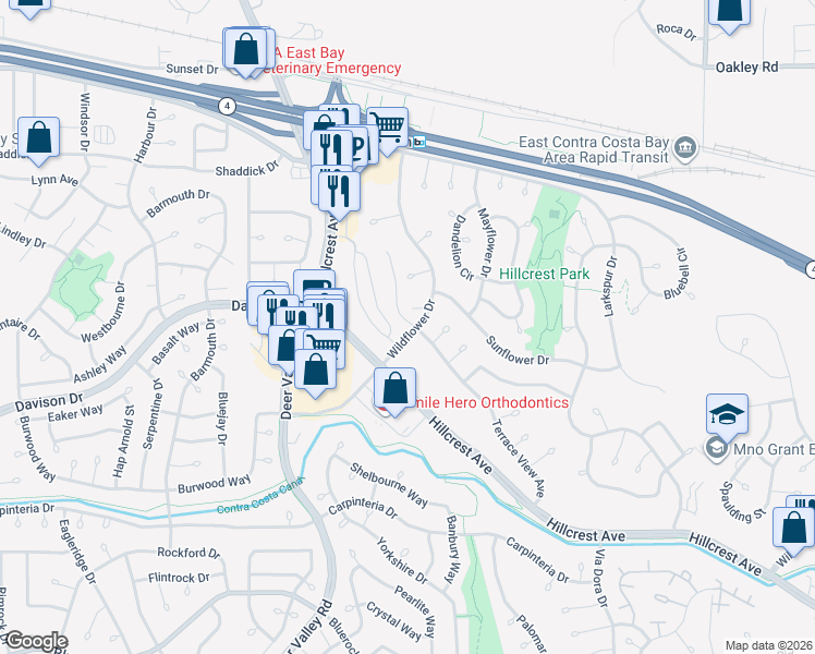 map of restaurants, bars, coffee shops, grocery stores, and more near 2800 Lily Court in Antioch