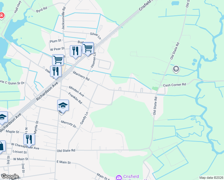 map of restaurants, bars, coffee shops, grocery stores, and more near 26517 Mariners Road in Crisfield