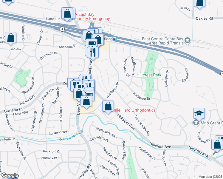 map of restaurants, bars, coffee shops, grocery stores, and more near 2800 Lily Court in Antioch