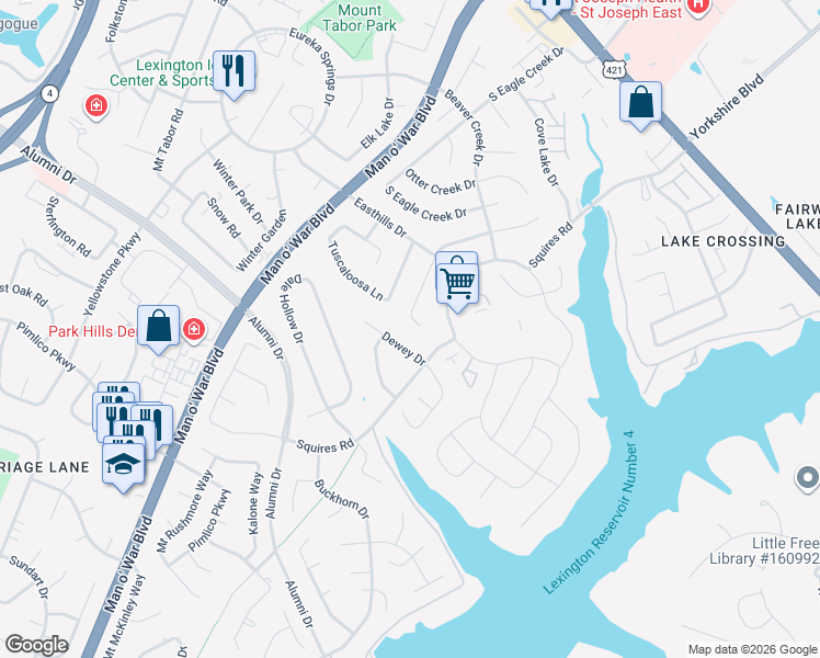 map of restaurants, bars, coffee shops, grocery stores, and more near 481 Woodview Drive in Lexington