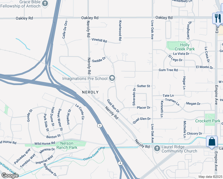 map of restaurants, bars, coffee shops, grocery stores, and more near 4344 Gold Run Drive in Oakley
