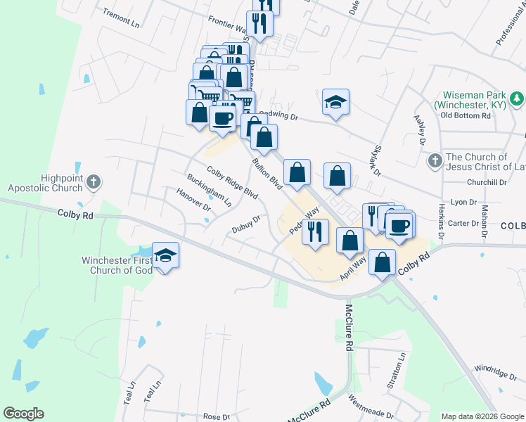 map of restaurants, bars, coffee shops, grocery stores, and more near 203 Dubuy Drive in Winchester