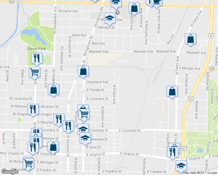 map of restaurants, bars, coffee shops, grocery stores, and more near 718 East Florida Street in Evansville
