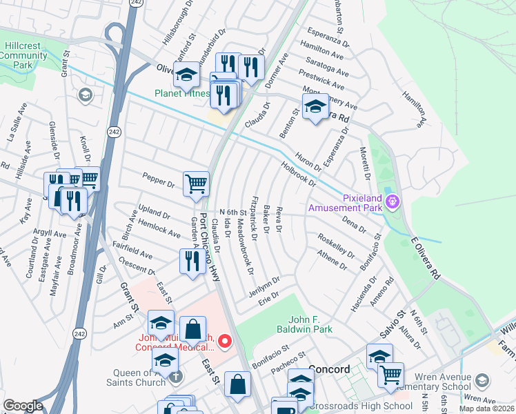 map of restaurants, bars, coffee shops, grocery stores, and more near 3206 Fitzpatrick Drive in Concord