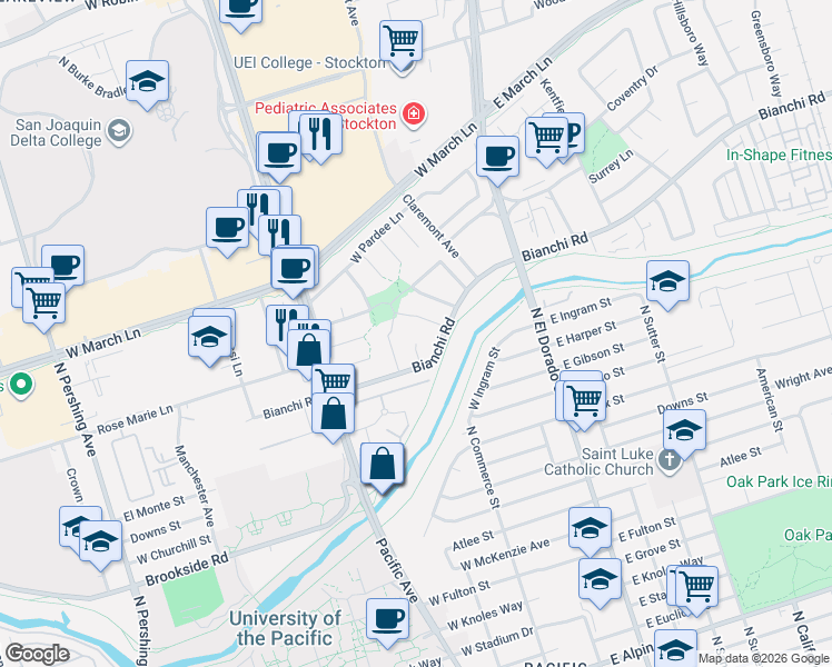 map of restaurants, bars, coffee shops, grocery stores, and more near 4412 Bidwell Place in Stockton
