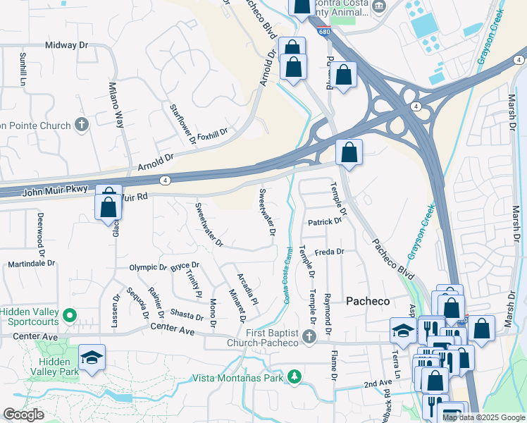 map of restaurants, bars, coffee shops, grocery stores, and more near 2201 East Peak Court in Martinez