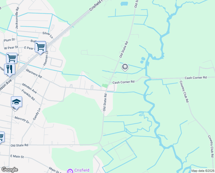 map of restaurants, bars, coffee shops, grocery stores, and more near 26695 Old State Road in Crisfield