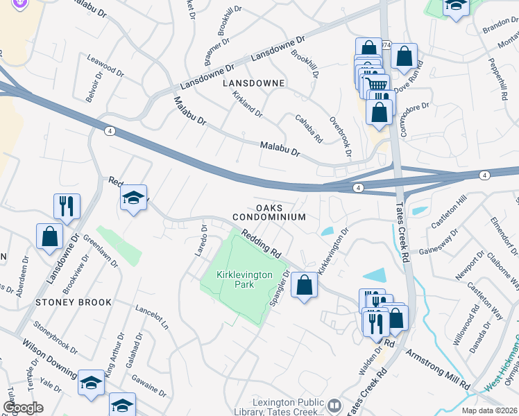 map of restaurants, bars, coffee shops, grocery stores, and more near 395 Redding Road in Lexington