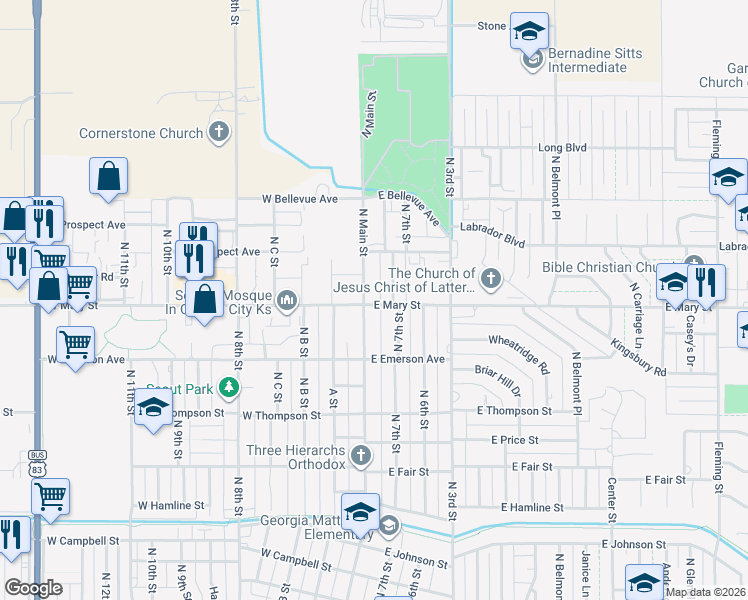 map of restaurants, bars, coffee shops, grocery stores, and more near 2518 North Main Street in Garden City