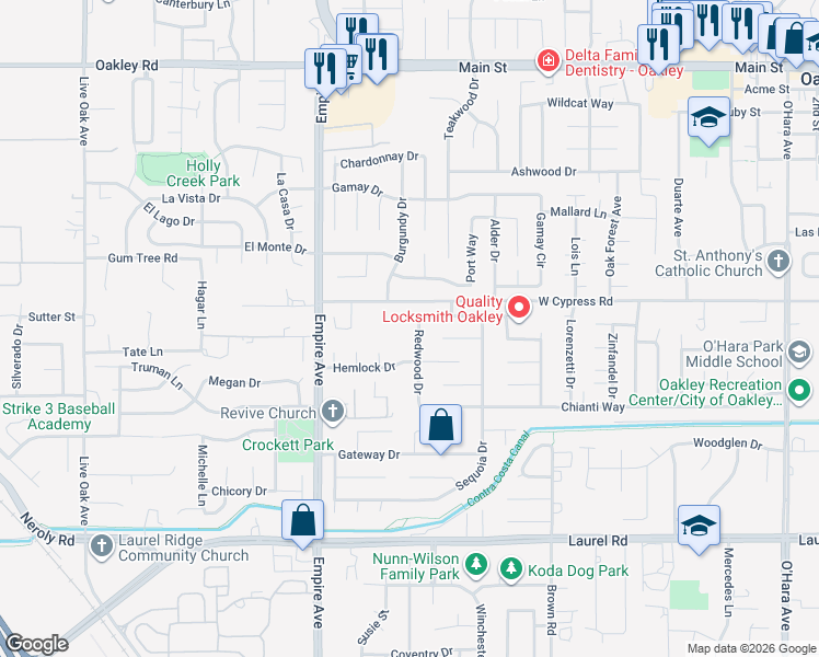 map of restaurants, bars, coffee shops, grocery stores, and more near 320 Helena Court in Oakley