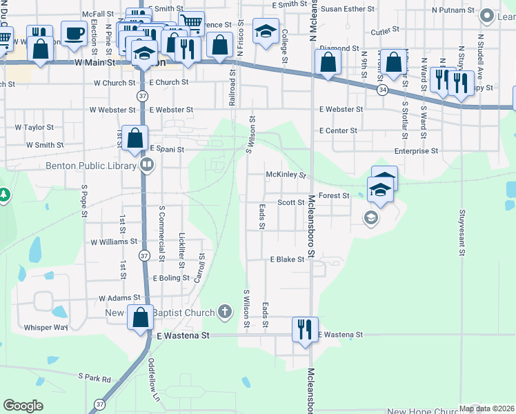 map of restaurants, bars, coffee shops, grocery stores, and more near 700-798 S Wilson St in Benton