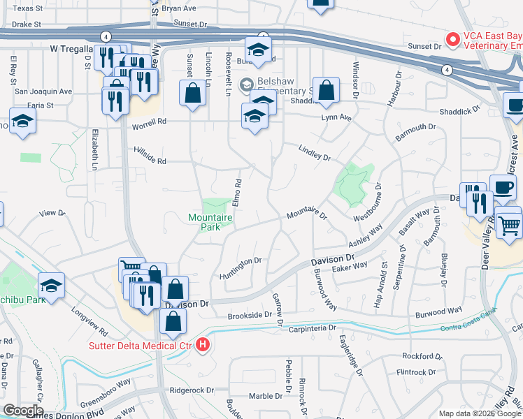 map of restaurants, bars, coffee shops, grocery stores, and more near 3326 Mountaire Drive in Antioch