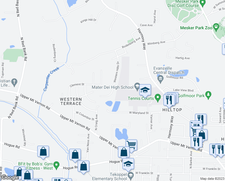 map of restaurants, bars, coffee shops, grocery stores, and more near 1202 Western Hills Drive in Evansville