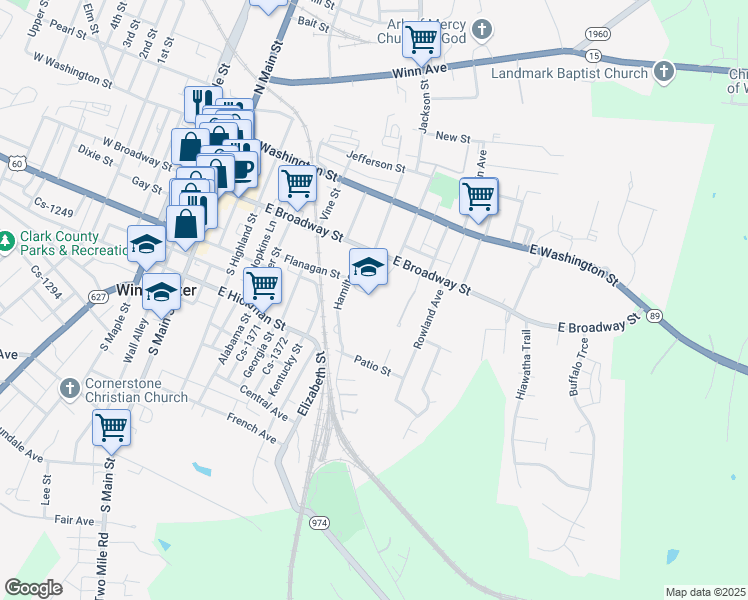 map of restaurants, bars, coffee shops, grocery stores, and more near 244 East Broadway Street in Winchester