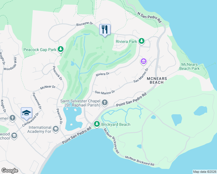 map of restaurants, bars, coffee shops, grocery stores, and more near 11 San Marino Place in San Rafael