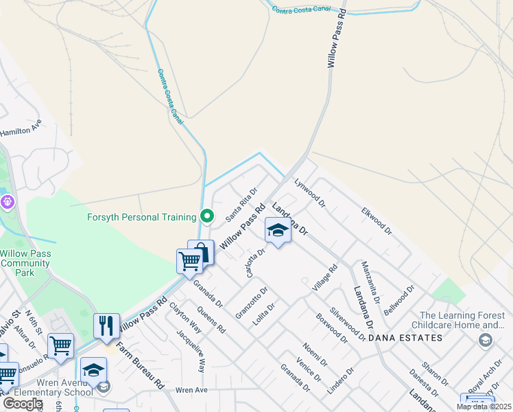 map of restaurants, bars, coffee shops, grocery stores, and more near 3801 Willow Pass Road in Concord