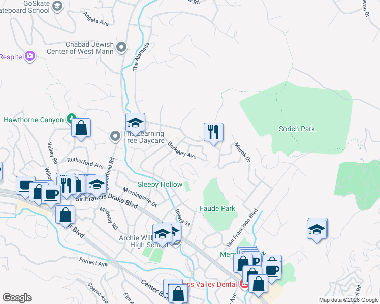 map of restaurants, bars, coffee shops, grocery stores, and more near 2 Toyon Terrace in San Anselmo