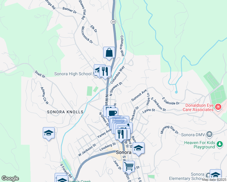map of restaurants, bars, coffee shops, grocery stores, and more near 290 North Shepherd Street in Sonora