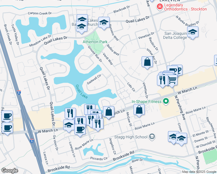map of restaurants, bars, coffee shops, grocery stores, and more near 4981 Gadwall Circle in Stockton