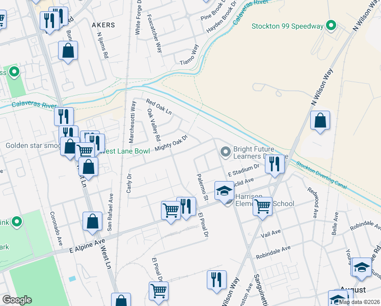 map of restaurants, bars, coffee shops, grocery stores, and more near 2060 Shady Forest Way in Stockton