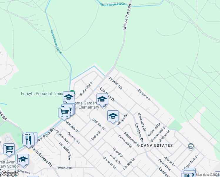 map of restaurants, bars, coffee shops, grocery stores, and more near 1893 Lynwood Drive in Concord