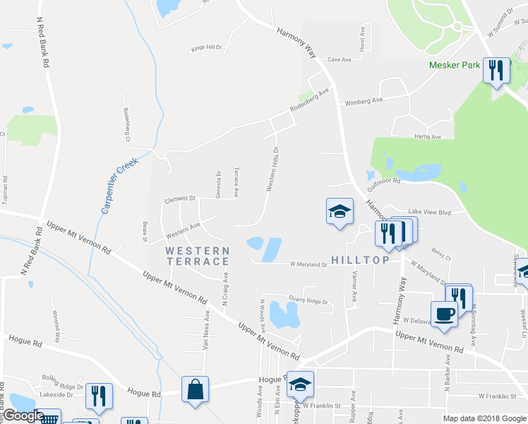 map of restaurants, bars, coffee shops, grocery stores, and more near 1210 Western Hills Drive in Evansville