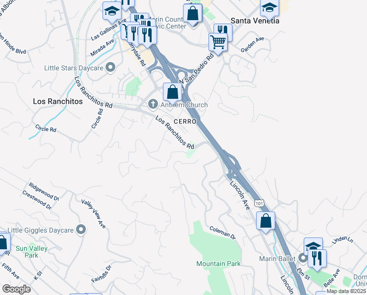 map of restaurants, bars, coffee shops, grocery stores, and more near 9 Glenside Way in San Rafael