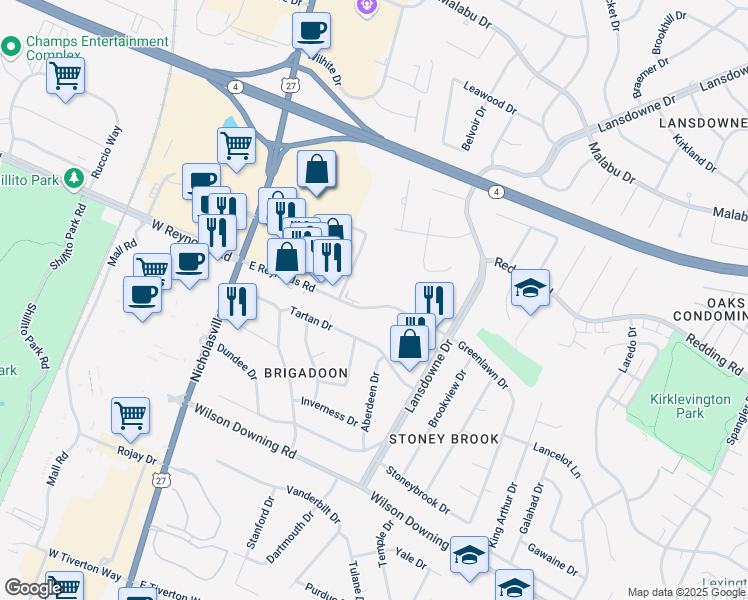 map of restaurants, bars, coffee shops, grocery stores, and more near 243 East Reynolds Road in Lexington