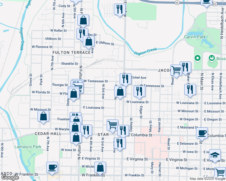 map of restaurants, bars, coffee shops, grocery stores, and more near 1314 North 2nd Avenue in Evansville