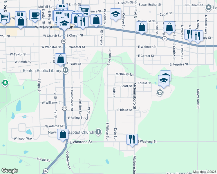 map of restaurants, bars, coffee shops, grocery stores, and more near 700 South Wilson Street in Benton
