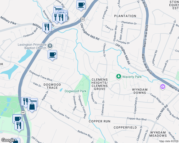 map of restaurants, bars, coffee shops, grocery stores, and more near 4272 Desdemona Way in Lexington