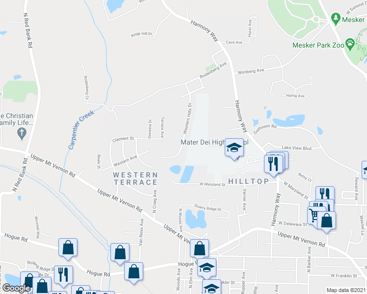 map of restaurants, bars, coffee shops, grocery stores, and more near 1225 Western Hills Drive in Evansville