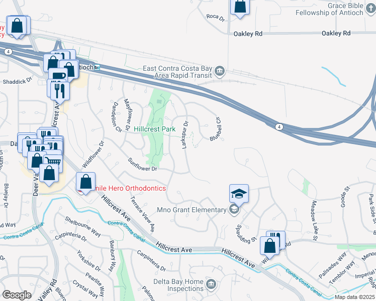 map of restaurants, bars, coffee shops, grocery stores, and more near 2819 Larkspur Drive in Antioch