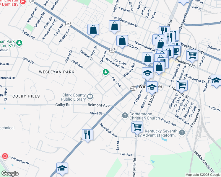 map of restaurants, bars, coffee shops, grocery stores, and more near 331 South Burns Avenue in Winchester
