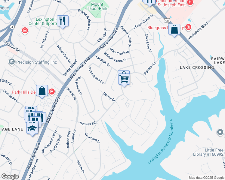 map of restaurants, bars, coffee shops, grocery stores, and more near 483 Woodview Drive in Lexington