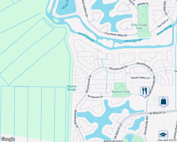 map of restaurants, bars, coffee shops, grocery stores, and more near 5879 Riverbank Circle in Stockton