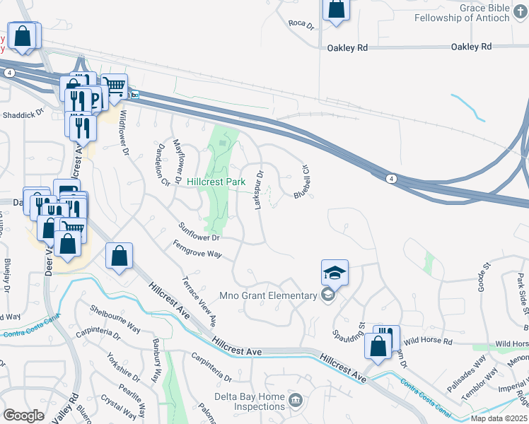 map of restaurants, bars, coffee shops, grocery stores, and more near 2819 Larkspur Drive in Antioch