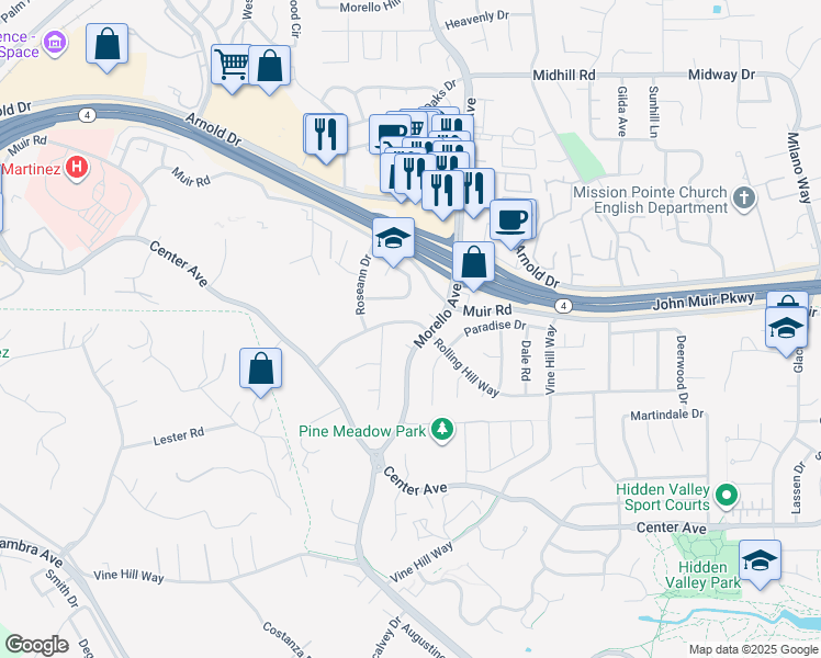 map of restaurants, bars, coffee shops, grocery stores, and more near 1150 Rolling Hill Way in Martinez