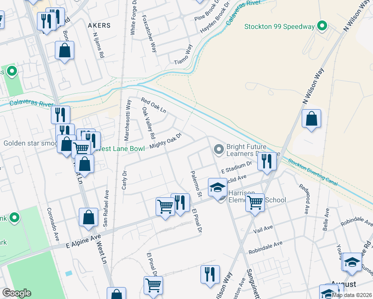 map of restaurants, bars, coffee shops, grocery stores, and more near 2060 Mighty Oak Drive in Stockton