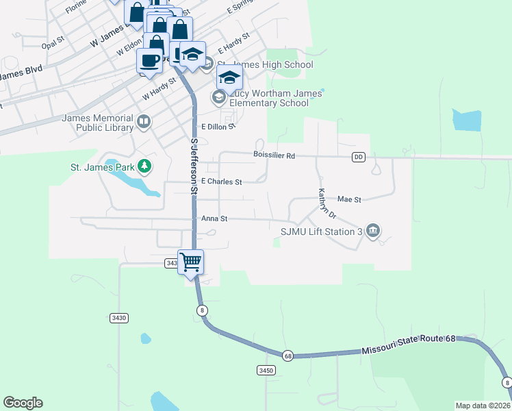 map of restaurants, bars, coffee shops, grocery stores, and more near 230 Olga Street in Saint James