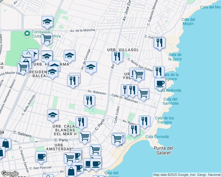 map of restaurants, bars, coffee shops, grocery stores, and more near 134 Avenida de Paris in Torrevieja