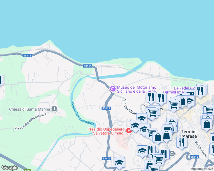 map of restaurants, bars, coffee shops, grocery stores, and more near Via dei Mulinelli in Termini Imerese