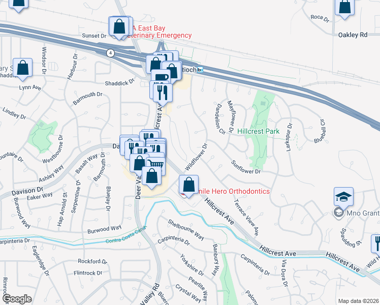 map of restaurants, bars, coffee shops, grocery stores, and more near 2794 Lily Court in Antioch