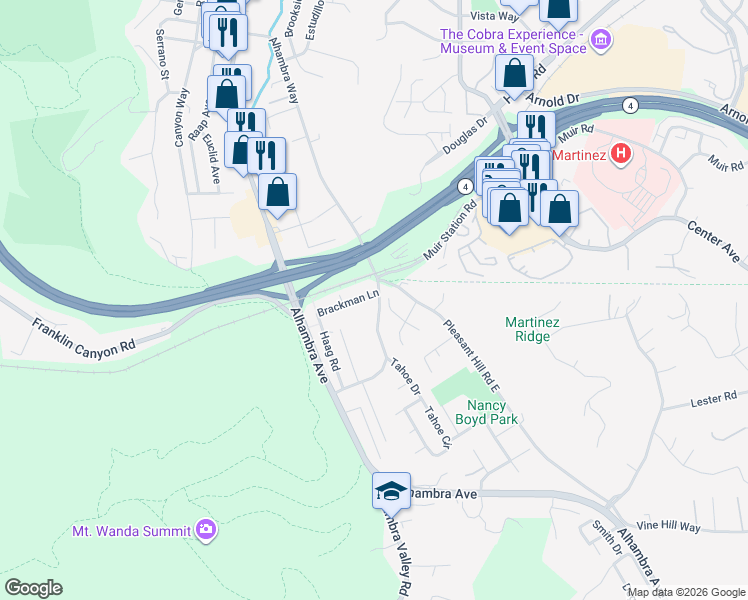map of restaurants, bars, coffee shops, grocery stores, and more near 640 Brackman Lane in Martinez