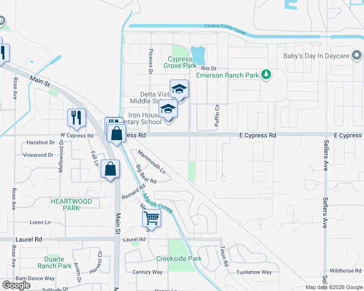 map of restaurants, bars, coffee shops, grocery stores, and more near 2010 Rubens Way in Oakley