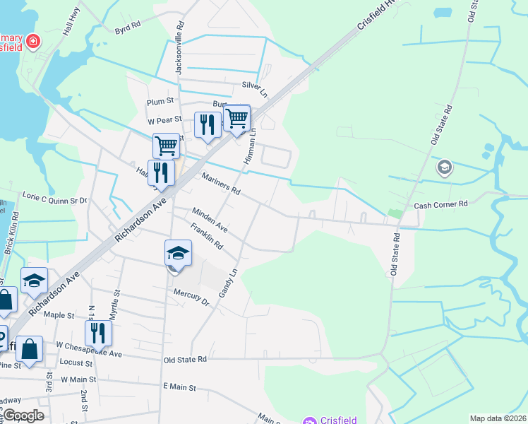 map of restaurants, bars, coffee shops, grocery stores, and more near 3900 Cardinal Drive in Crisfield