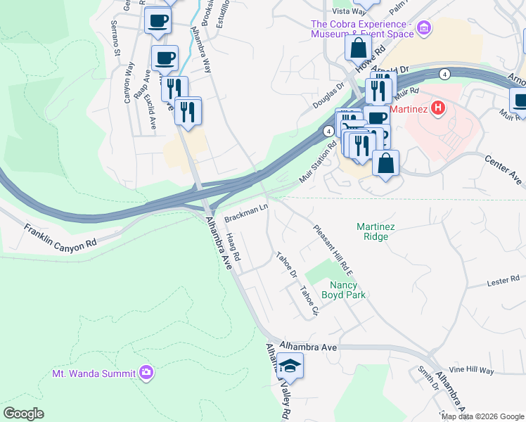 map of restaurants, bars, coffee shops, grocery stores, and more near 640 Brackman Lane in Martinez