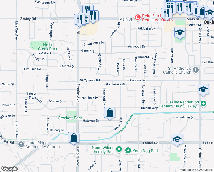 map of restaurants, bars, coffee shops, grocery stores, and more near 1770 Ponderosa Drive in Oakley