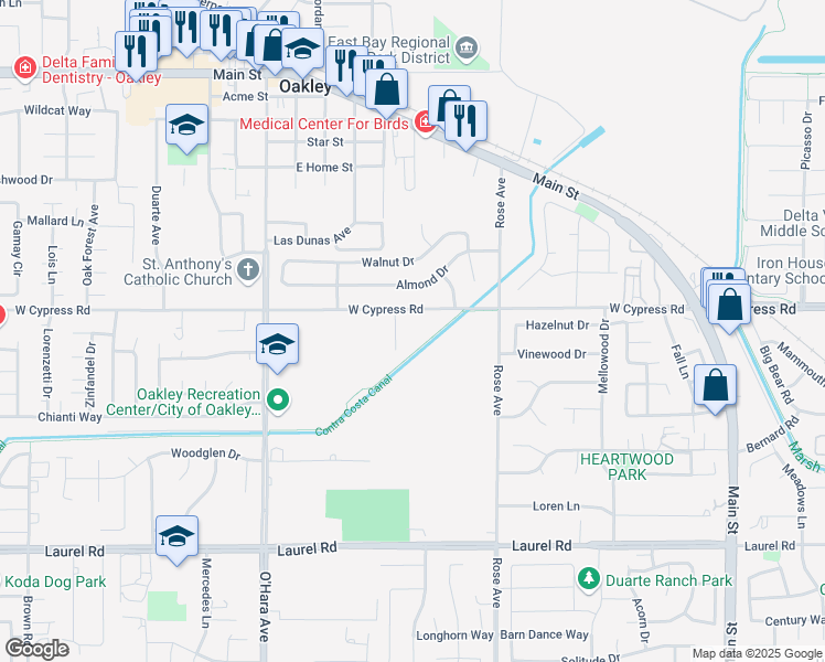 map of restaurants, bars, coffee shops, grocery stores, and more near 7th Street in Oakley